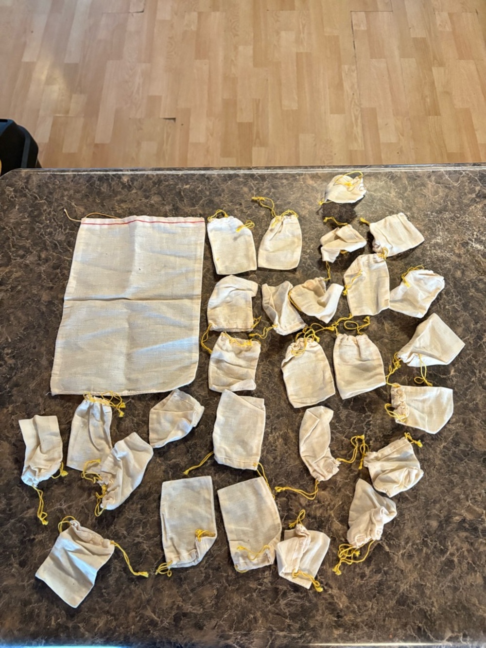 Vintage Cream Drawstring Favor Bags with Yellow Ties